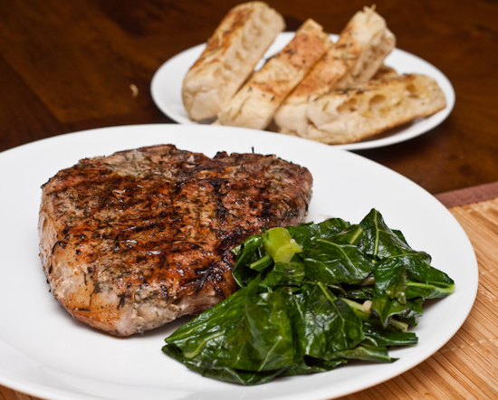 Sous Vide Pork Chop, Collard Greens, and Toasted English Muffin