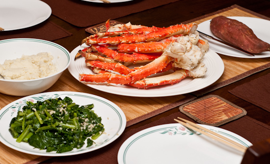 Alaskan King Crab, baked sweet potato, sauteed turnip greens, and mashed potatoes