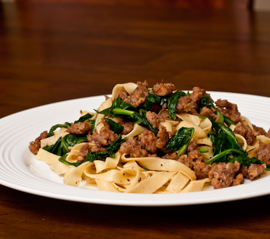 Homemade fresh linguine with Johnsonville Italian sausage and spinach