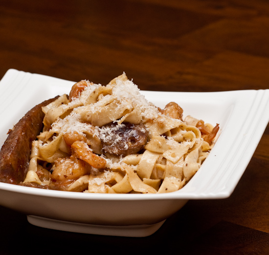 Homemade fresh linguine with Johnsonville Italian sausage and shrimp in a butter and cream sauce