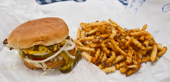 Mighty Fine Burgers - Bacon Jr. Cheeseburger with Grilled Jalapenos and Fries