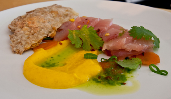 The Noble Pig - Yellowtail Hamachi with carrots, carrot puree and green chili oil